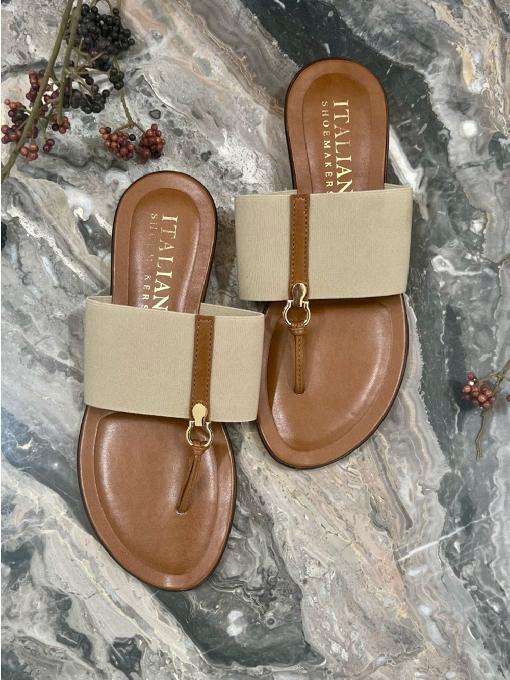 Italian Shoemakers Beige Fabric and Tan Leather Slide Sandals